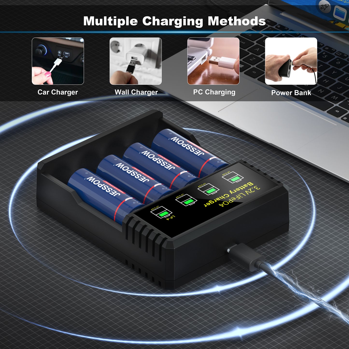 18500 4 Pack 3.2V Rechargeable Battery with Charger
