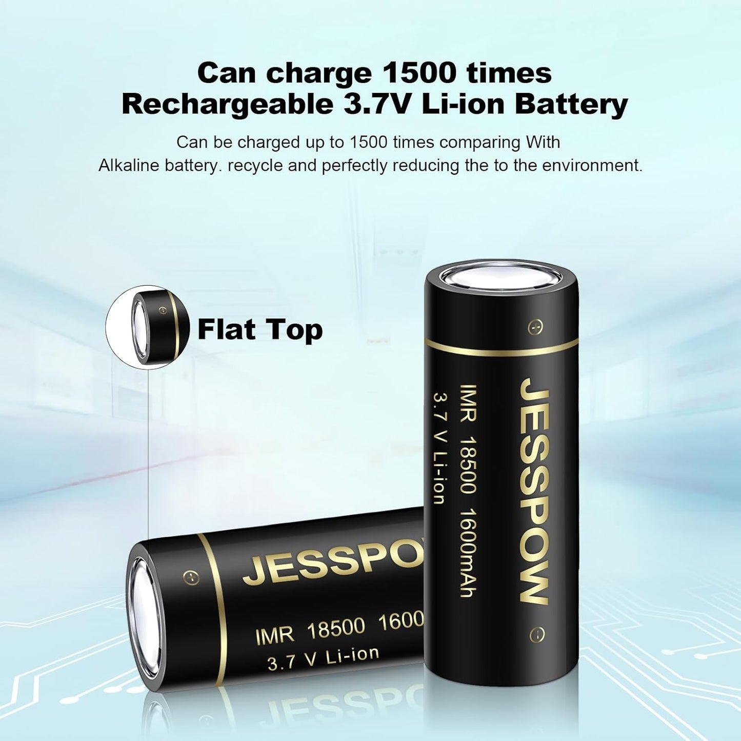 18500 Flat Top Rechargeable Battery 3.7V - 4 Pack